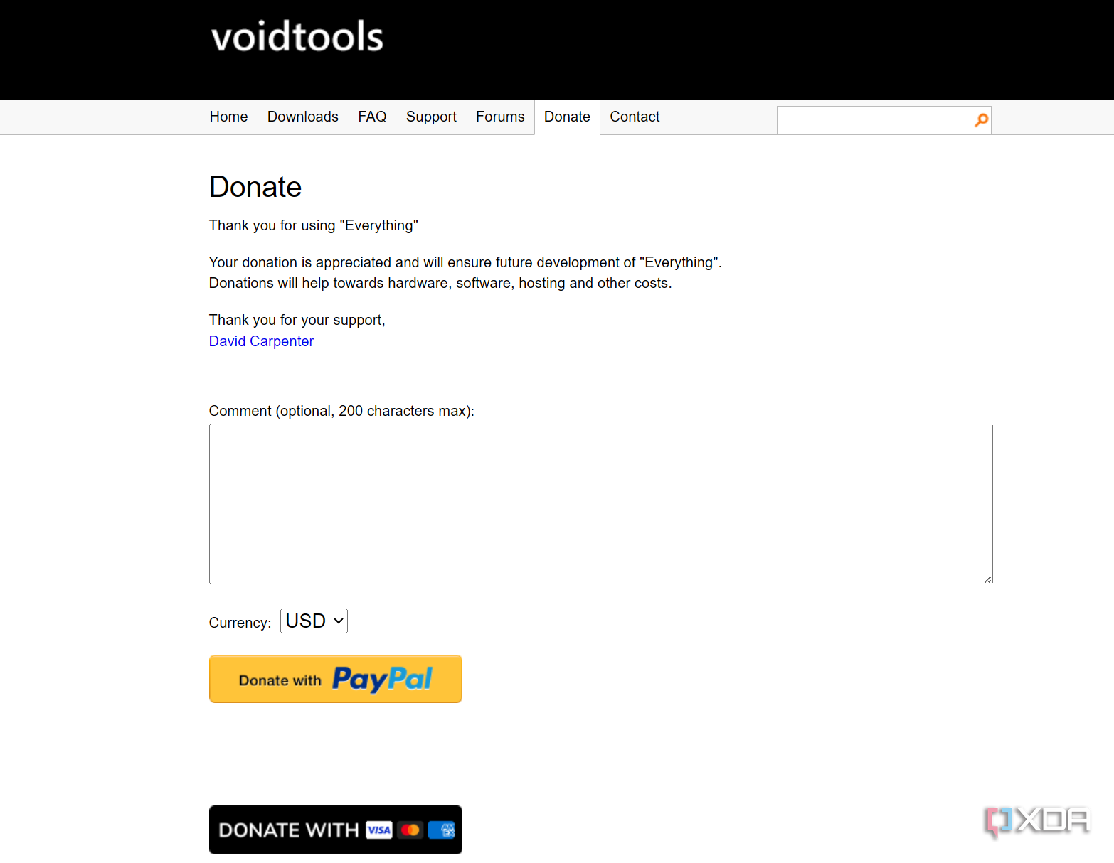 Shows donations page for Everything app