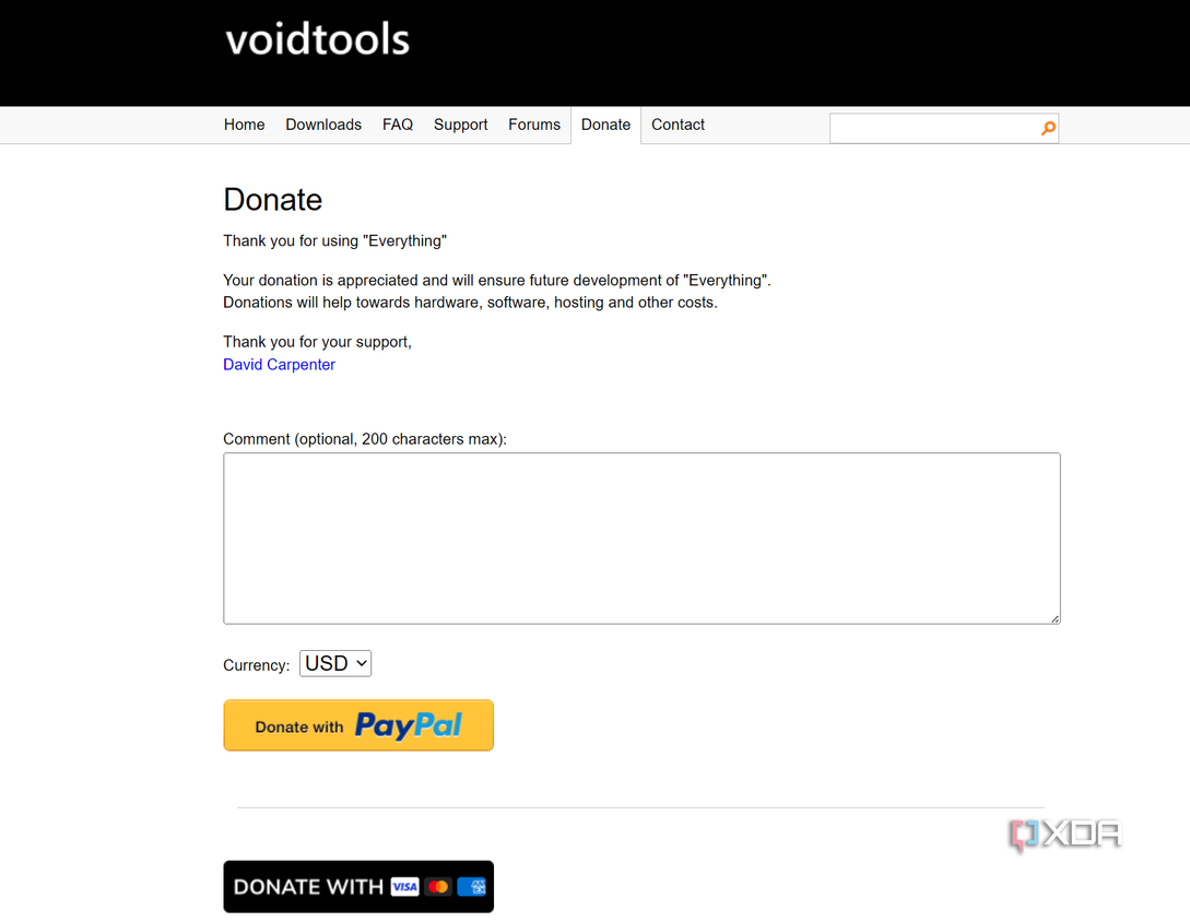 Shows donations page for Everything app