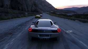 An image from the 2014 game Driveclub, showing a silver Ferrari racing on a mountain road.