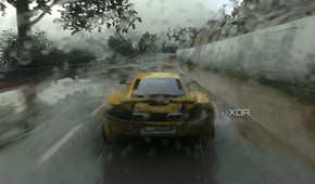 An image from the 2014 game Driveclub, showing the rear of a yellow McLaren as it races while the rain pours down heavily.