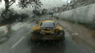 An image from the 2014 game Driveclub, showing the rear of a yellow McLaren as it races while the rain pours down heavily.