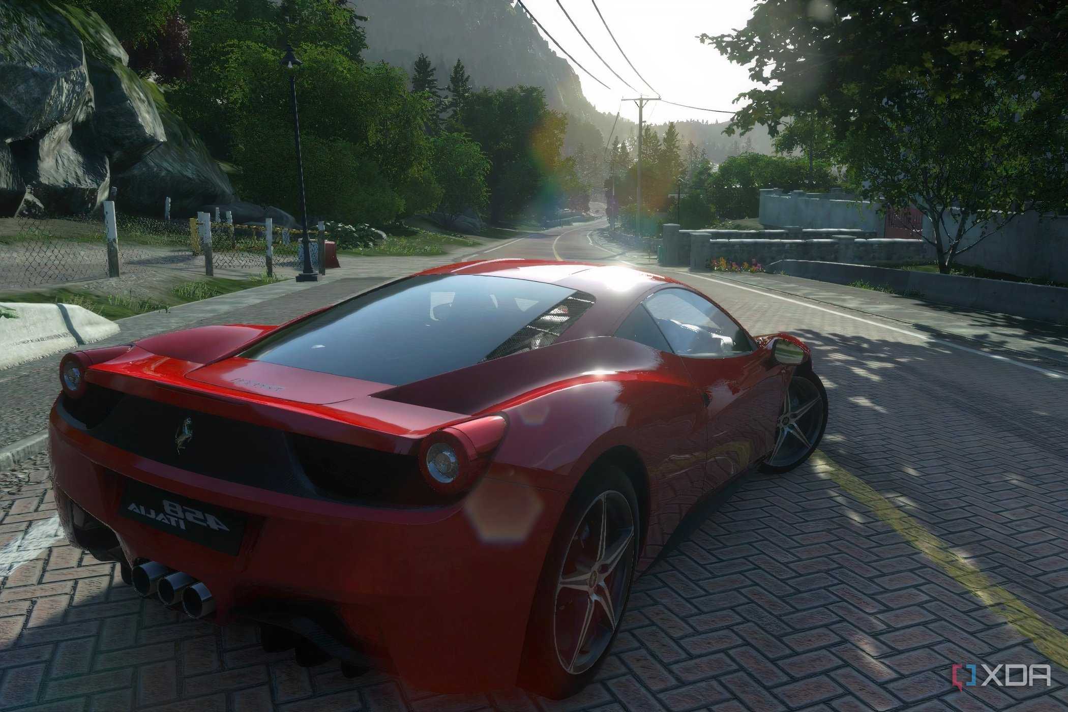 An image from the 2014 game Driveclub, showing a red Ferrari 458 Italia in a rear three-quarters shot.