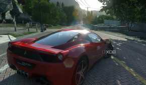 An image from the 2014 game Driveclub, showing a red Ferrari 458 Italia in a rear three-quarters shot.