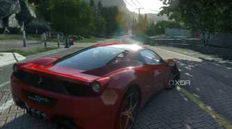 An image from the 2014 game Driveclub, showing a red Ferrari 458 Italia in a rear three-quarters shot.