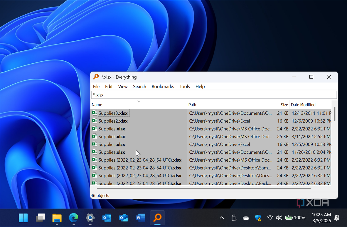screenshot shows Everything search results in real-time