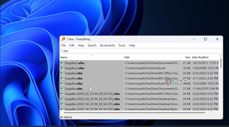 screenshot shows Everything search results in real-time