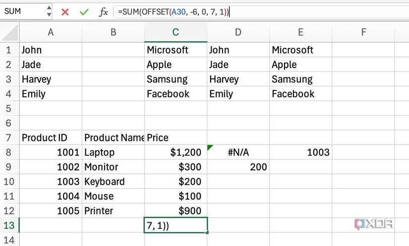 OFFSET in Excel