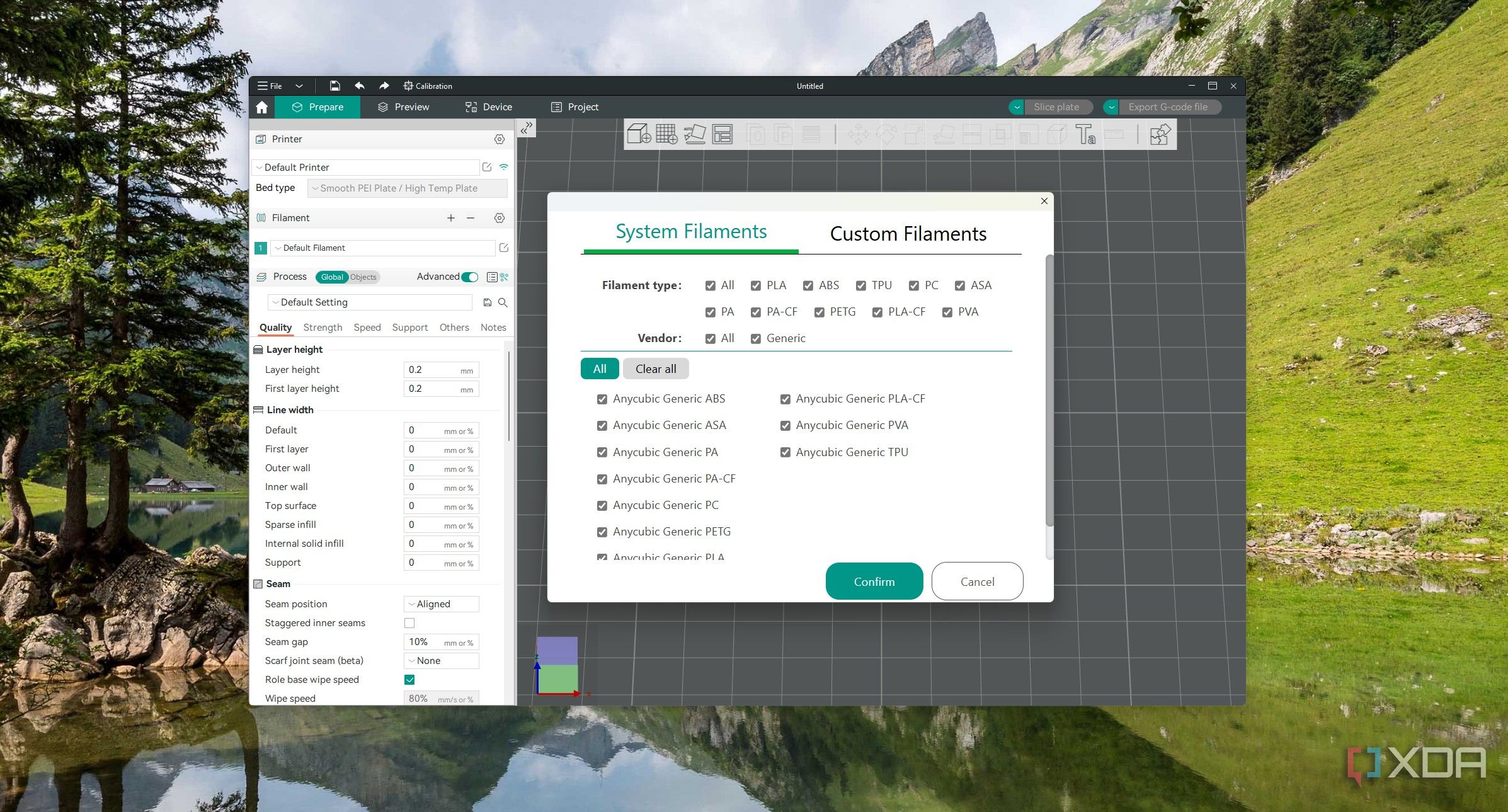 The filament and 3D printer settings in Orca