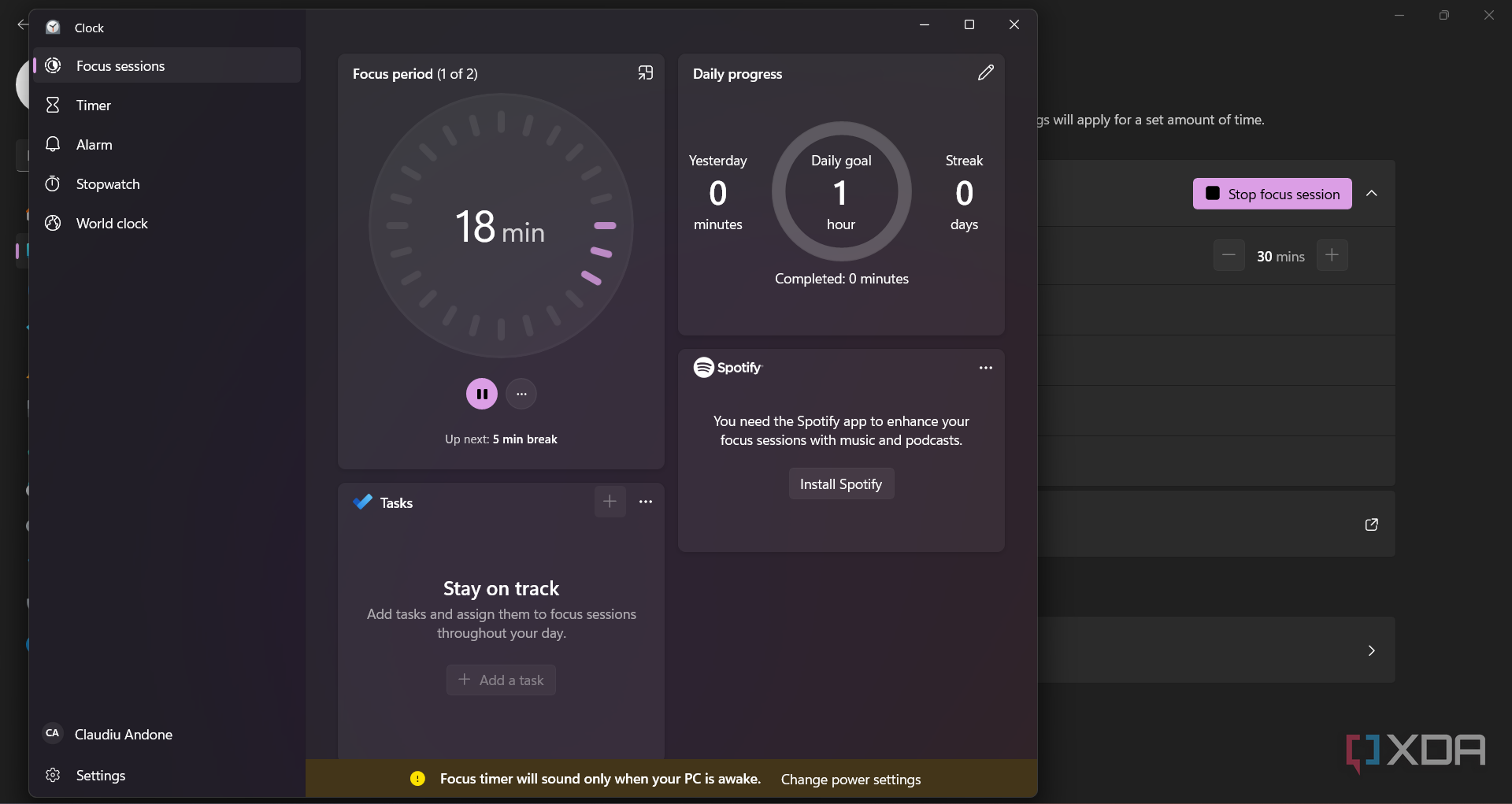 Menu showing the Focus option list in Windows 11