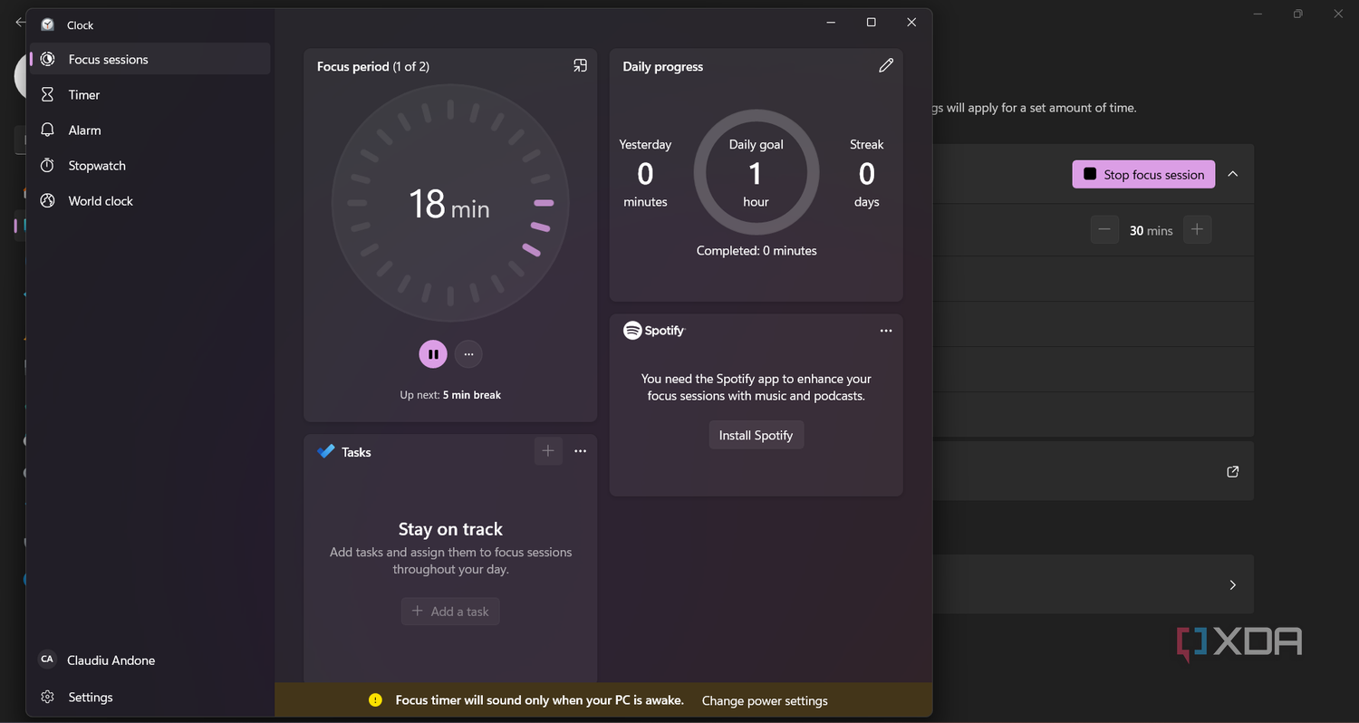 Menu showing the Focus option list in Windows 11
