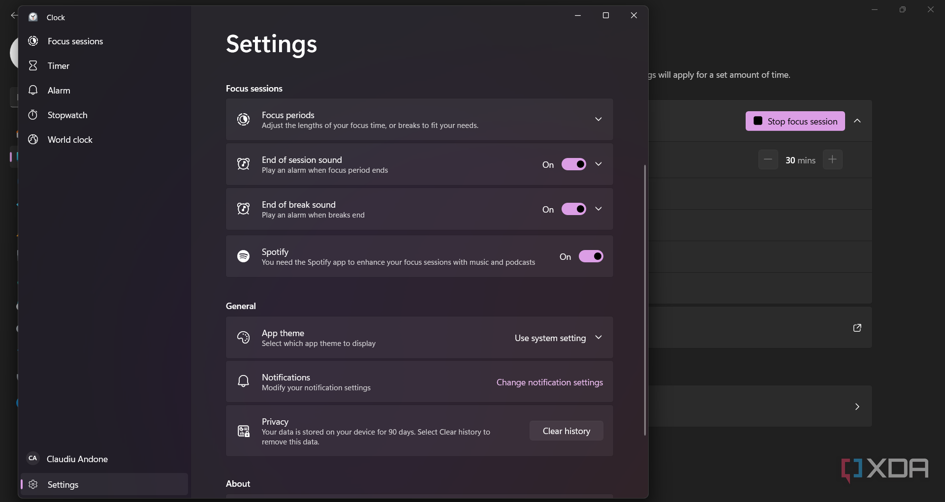 The menu showing the additional Focus settings in Windows 11