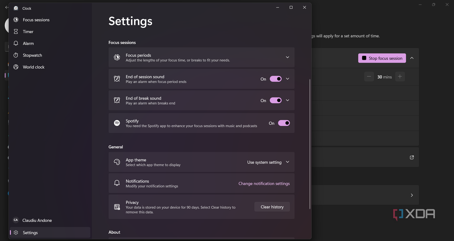 The menu showing the additional Focus settings in Windows 11
