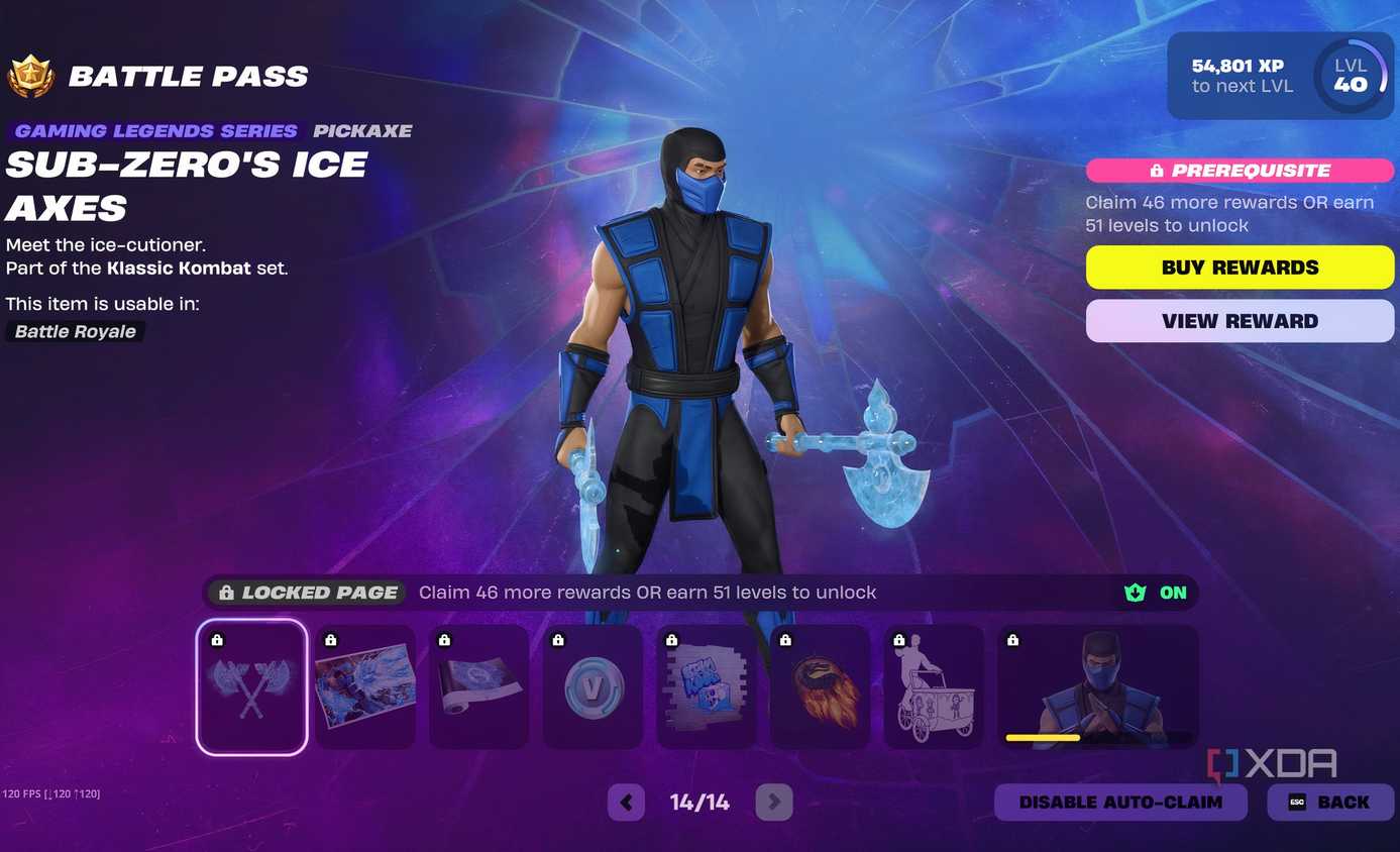 An image from the game Fortnite, showing the Battle Pass menu of the game in March 2025.
