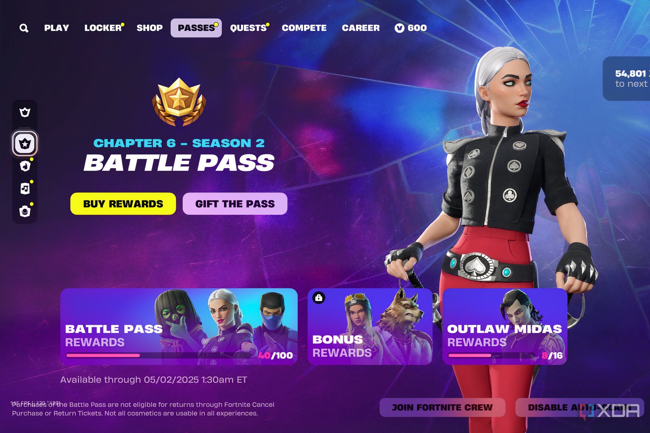 An image from the game Fortnite, showing the Battle Pass menu of the game in March 2025.