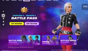 An image from the game Fortnite, showing the Battle Pass menu of the game in March 2025.
