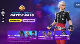 An image from the game Fortnite, showing the Battle Pass menu of the game in March 2025.