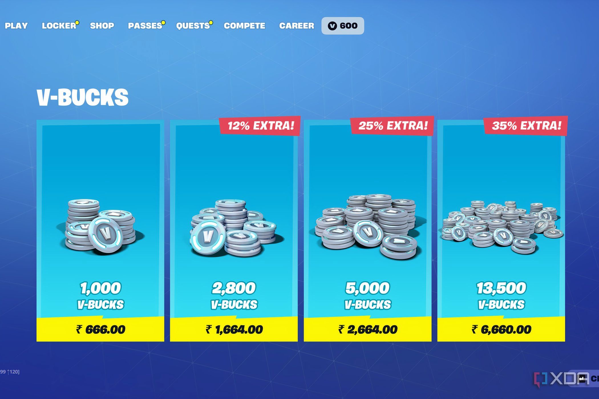 An image from the game Fortnite, showing the in-game purchases a player can make in march 2025.
