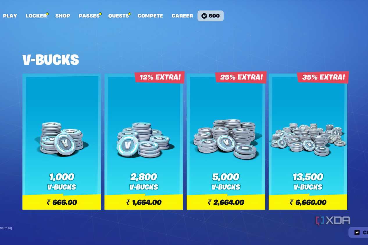 An image from the game Fortnite, showing the in-game purchases a player can make in march 2025.