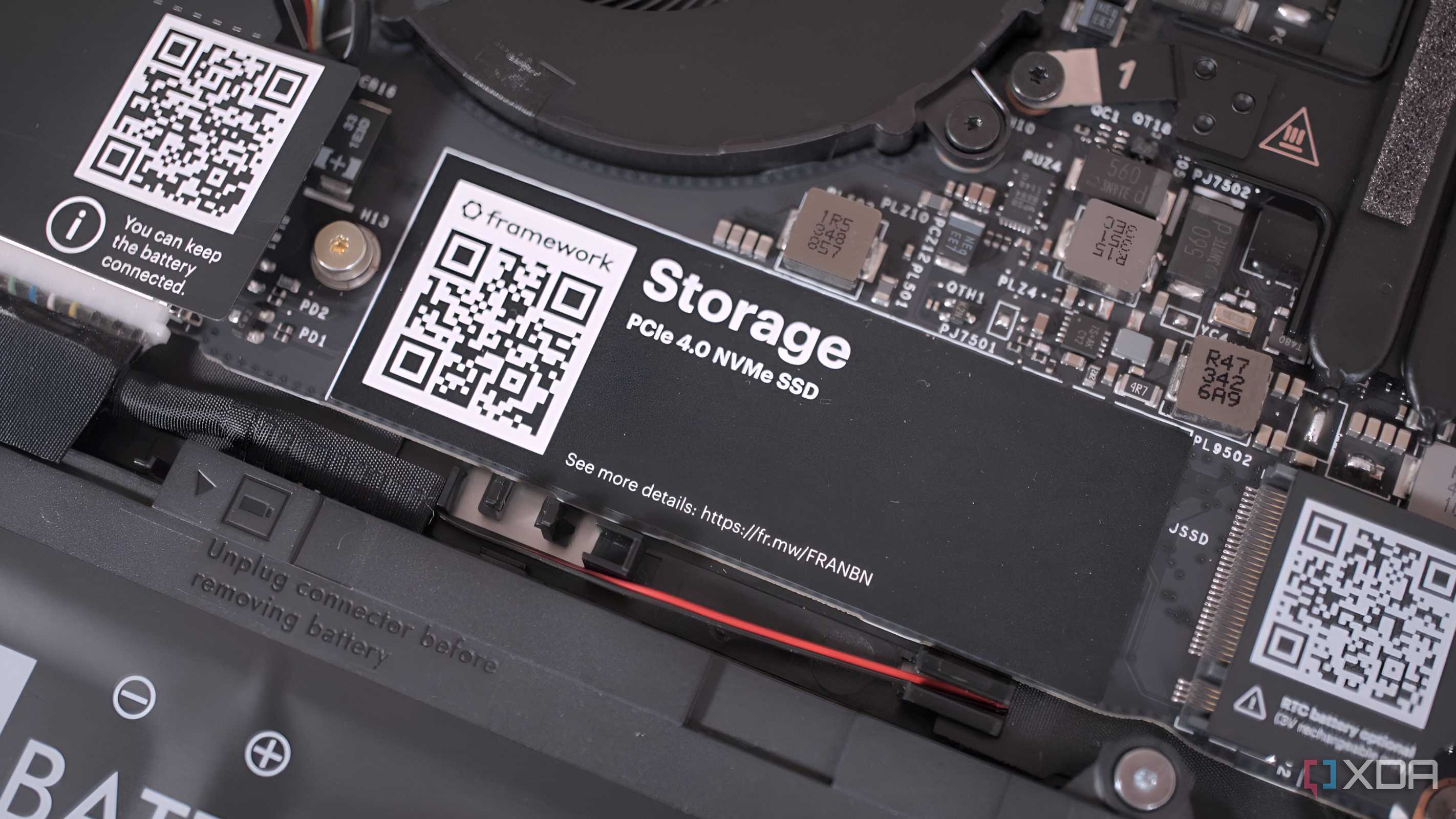 An image of a PCIe 4.0 NVMe SSD fit into a Framework laptop.