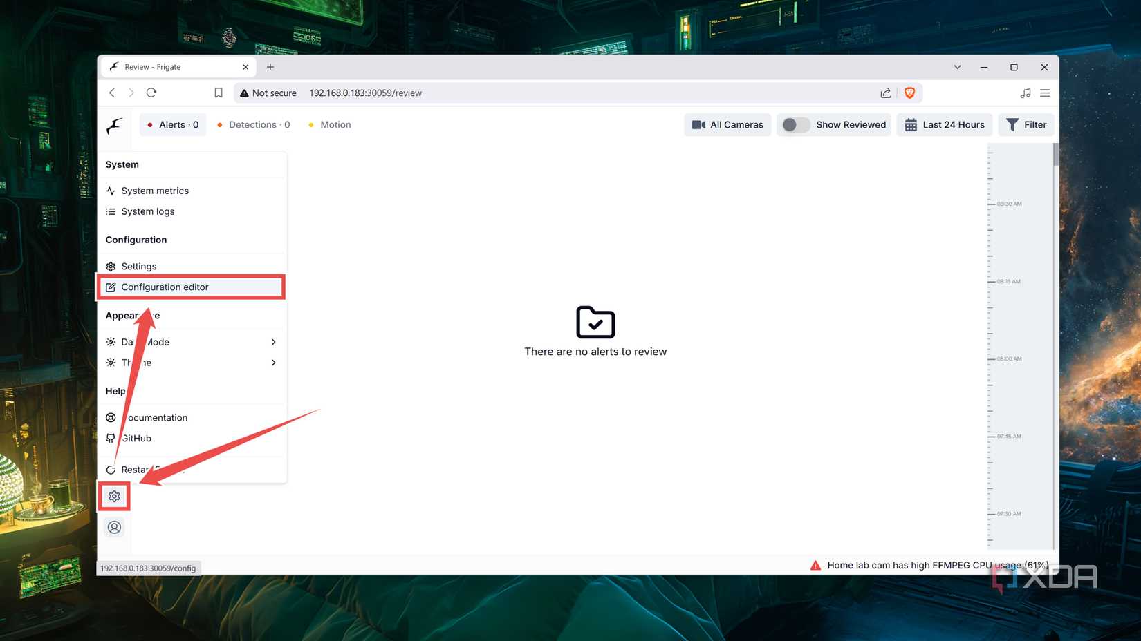 Choosing the Configuration Editor inside the Frigate UI