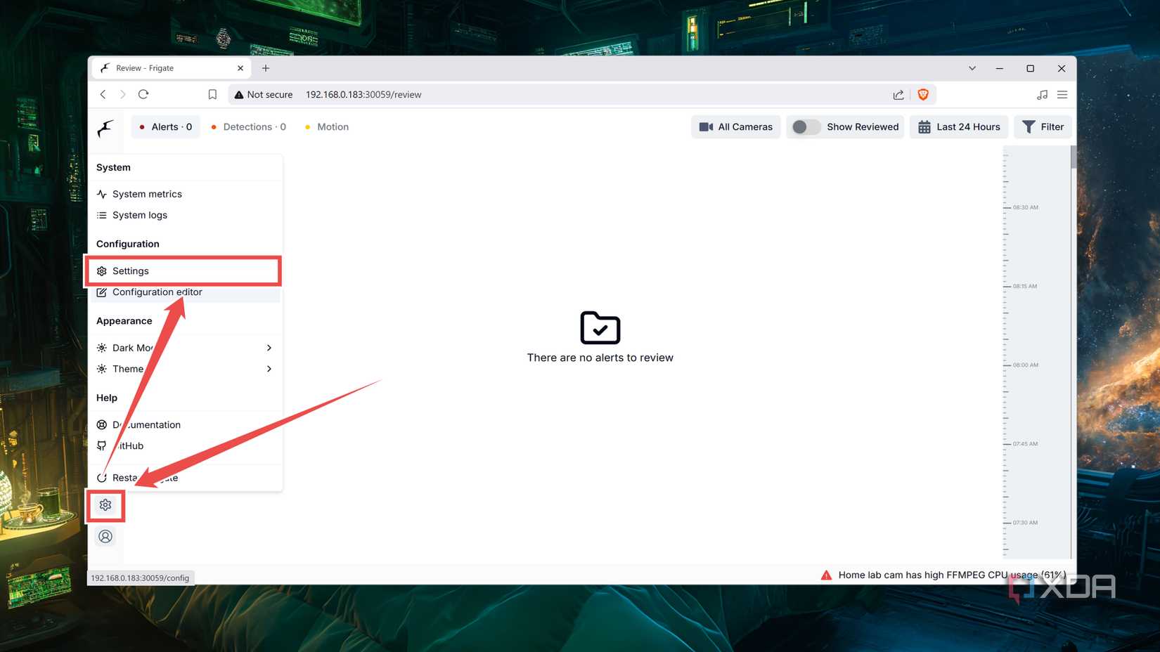 Choosing the Settings option inside the Frigate web UI