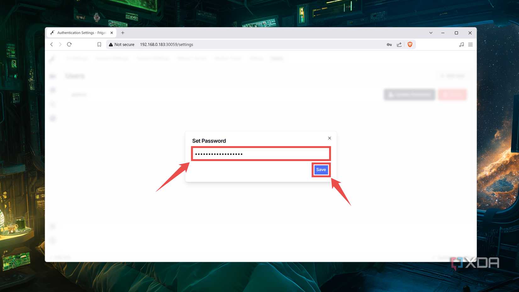 Setting the password of the admin user in the Frigate web UI