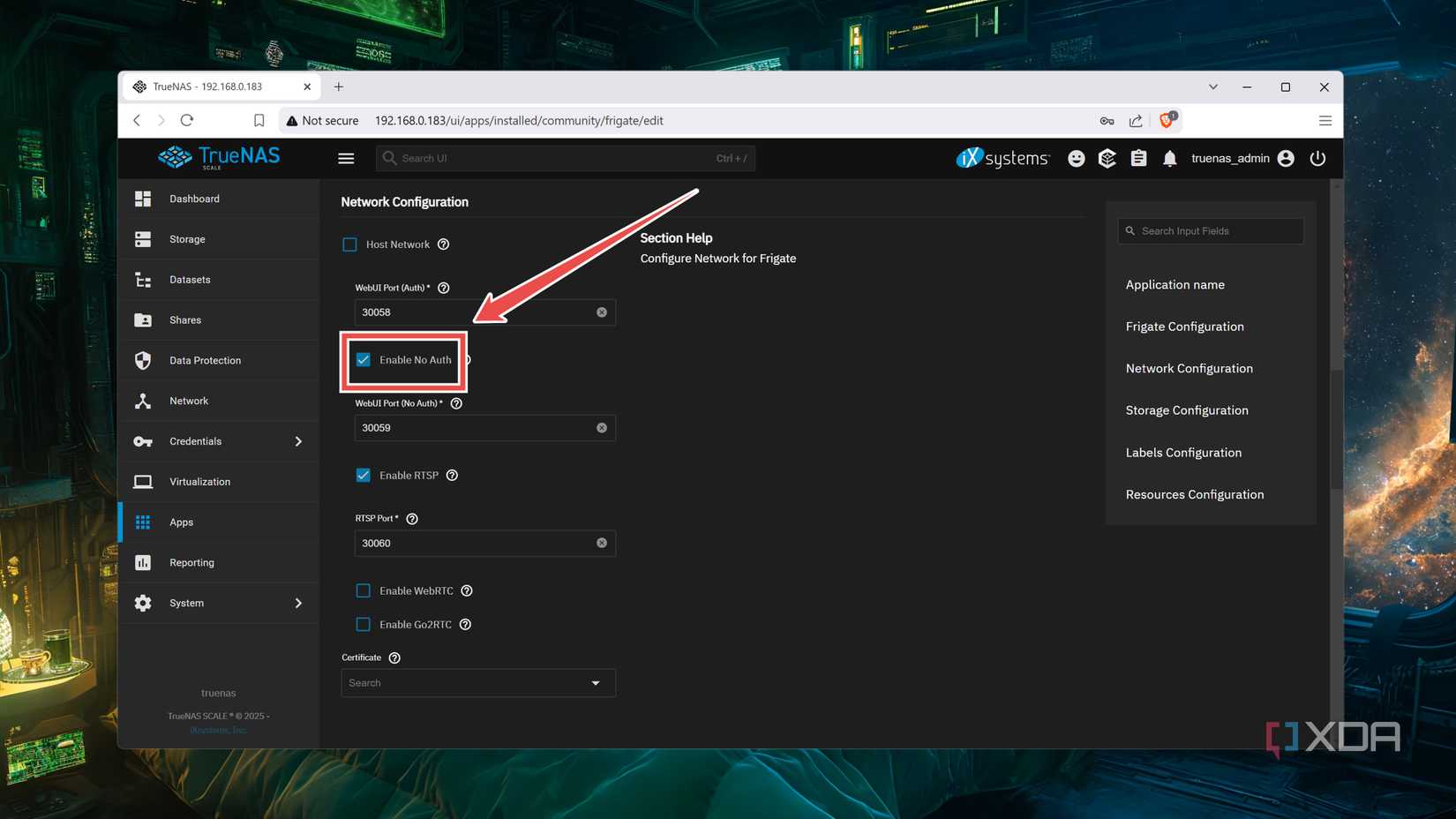 The Enable No Auth checkbox in TrueNAS Scale