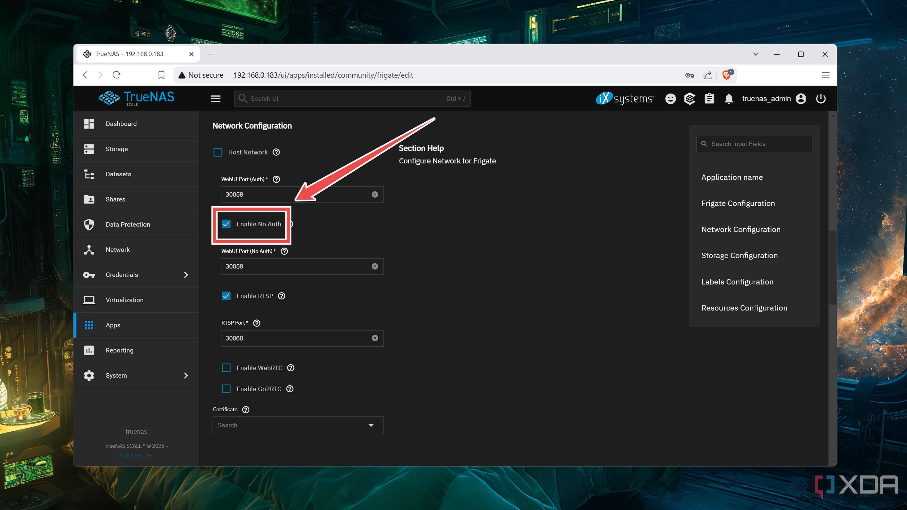 The Enable No Auth checkbox in TrueNAS Scale