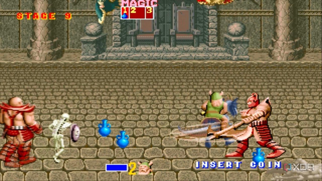 The player fighting an axe-wielding enemy while magic potions litter the ground. 