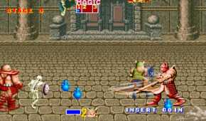 The player fighting an axe-wielding enemy while magic potions litter the ground.