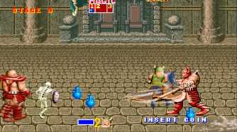 The player fighting an axe-wielding enemy while magic potions litter the ground.