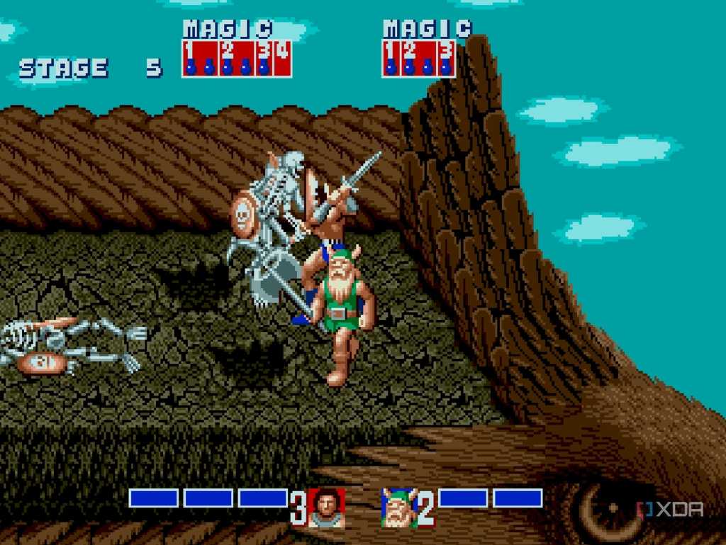 A player fighting skeletons.
