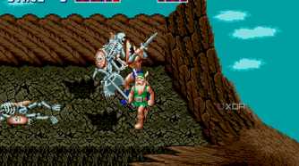 A player fighting skeletons.