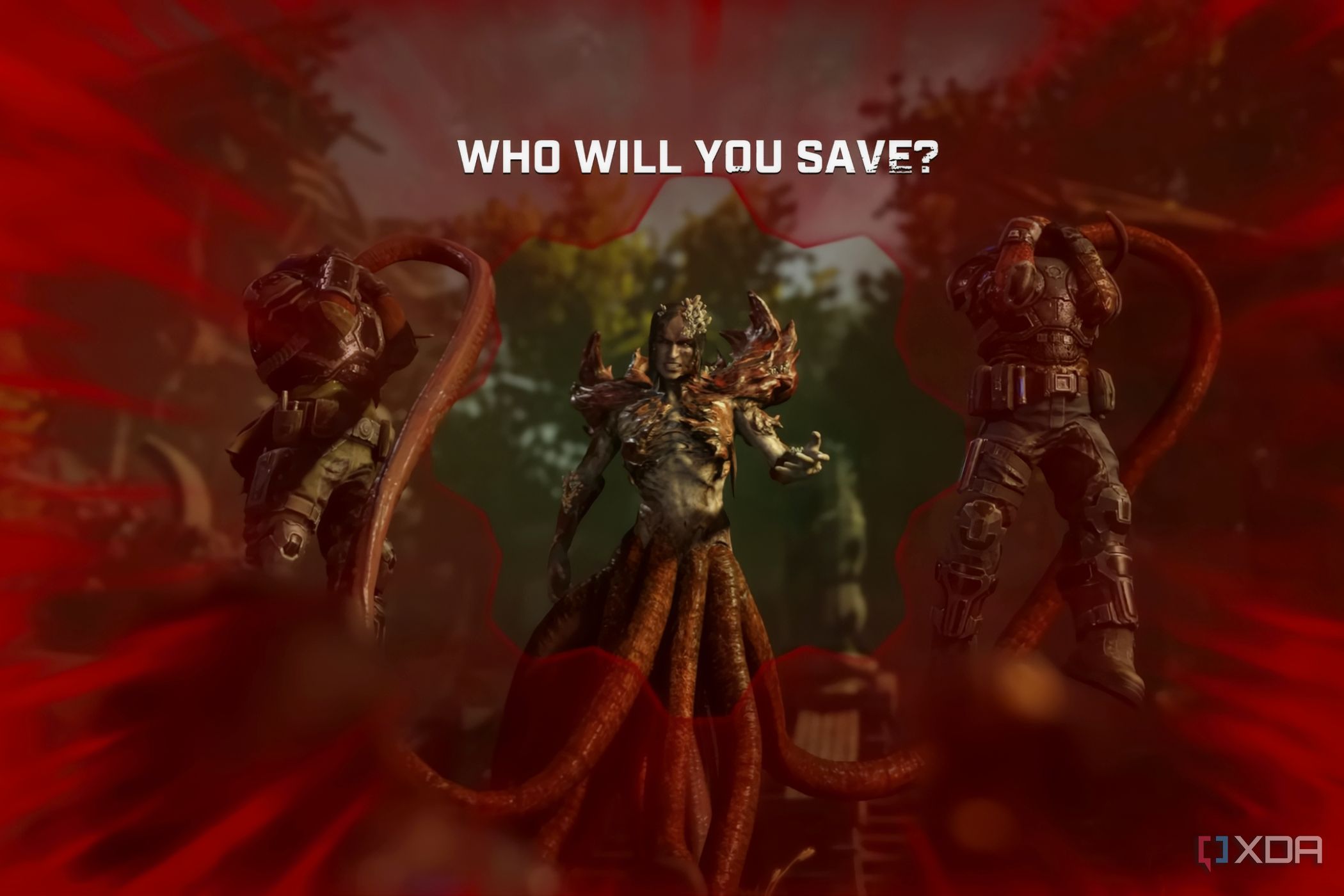 A screenshot from the game Gears 5, showing the choice the player has to make in saving one of two characters.