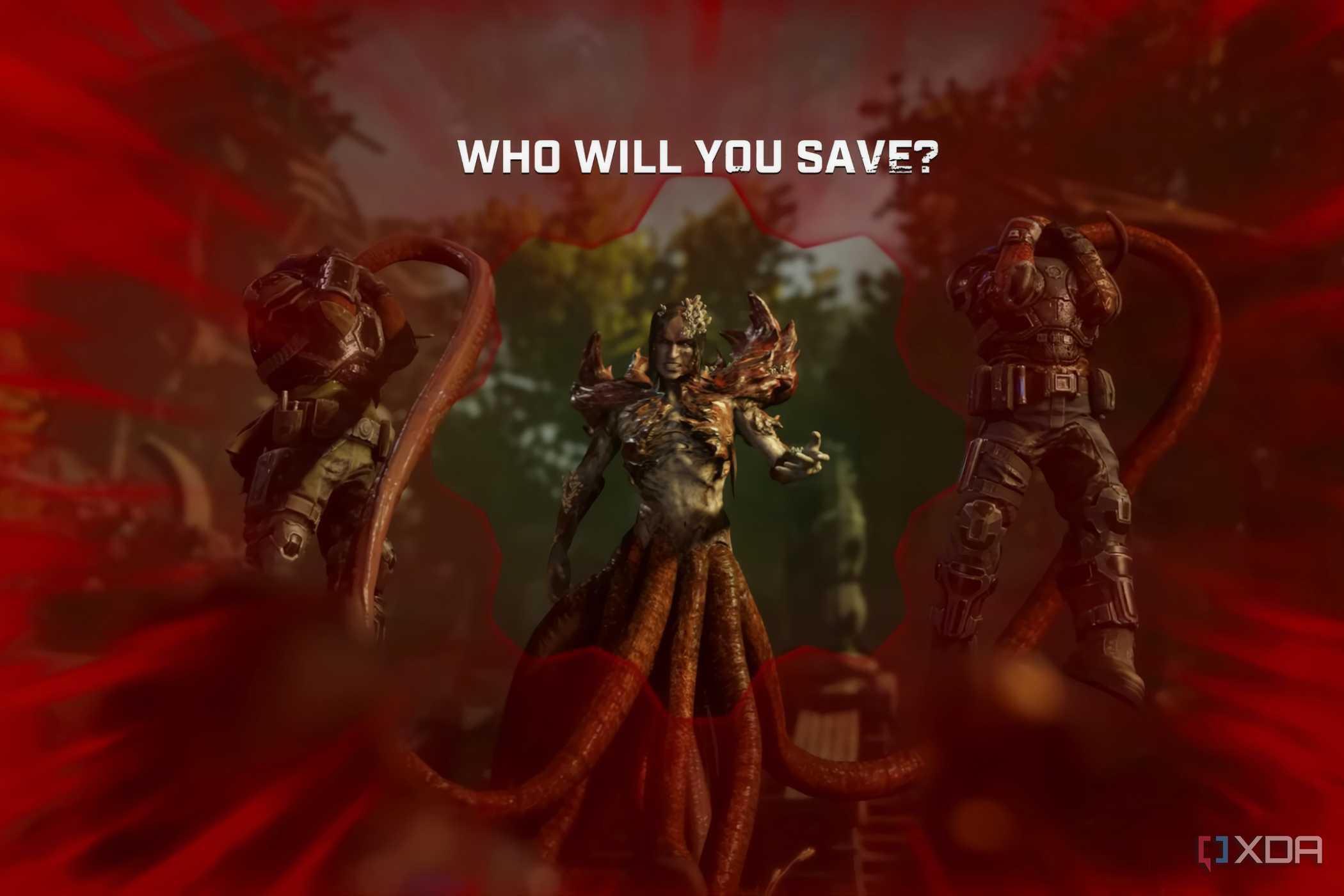 A screenshot from the game Gears 5, showing the choice the player has to make in saving one of two characters.
