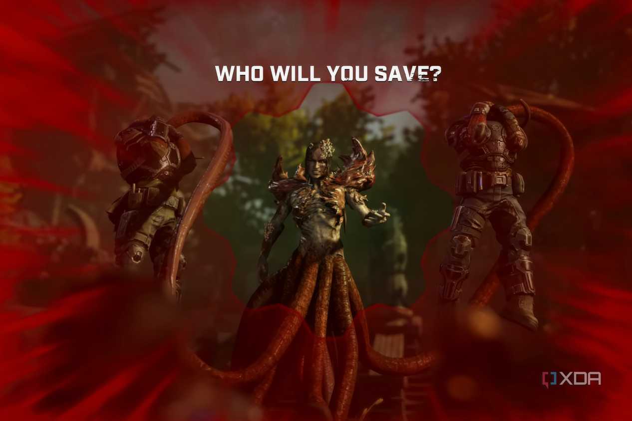 A screenshot from the game Gears 5, showing the choice the player has to make in saving one of two characters.