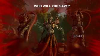 A screenshot from the game Gears 5, showing the choice the player has to make in saving one of two characters.
