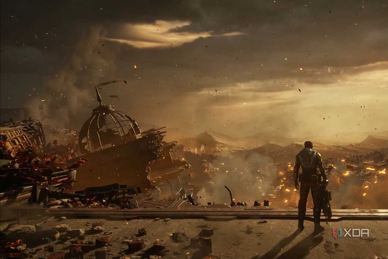A screenshot from the game Gears 5, showing a desolate cityscape on fire.