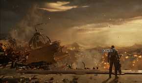 A screenshot from the game Gears 5, showing a desolate cityscape on fire.