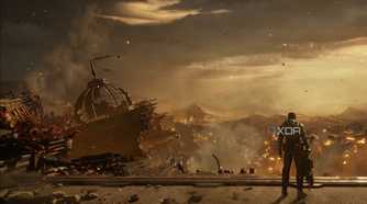 A screenshot from the game Gears 5, showing a desolate cityscape on fire.