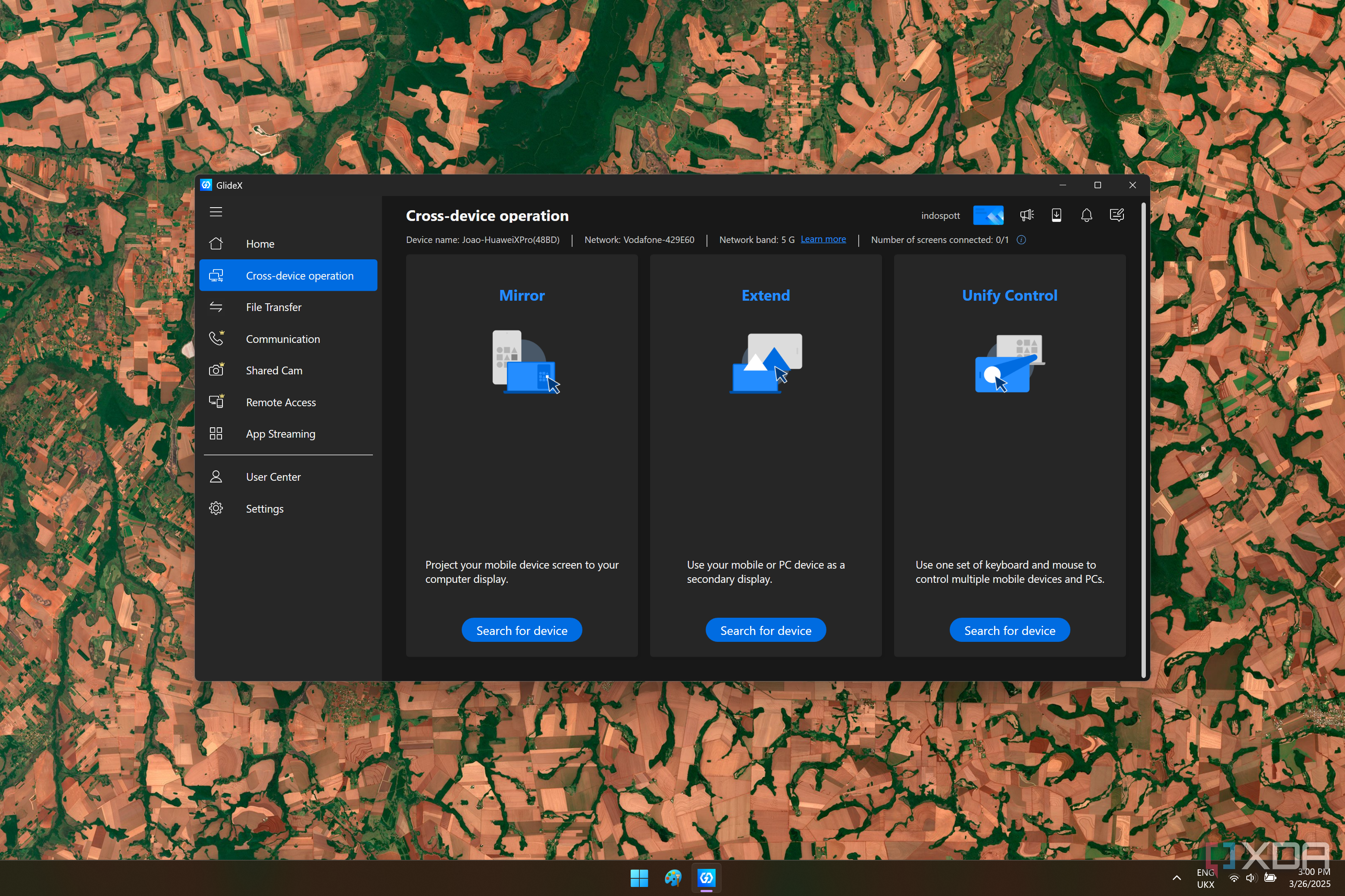Screenshot of GlideX showing available options for connecting with a phone
