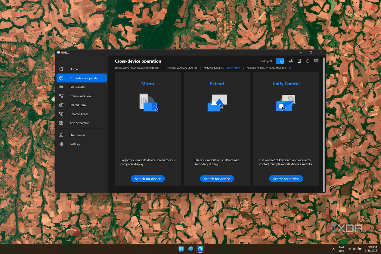 Screenshot of GlideX showing available options for connecting with a phone