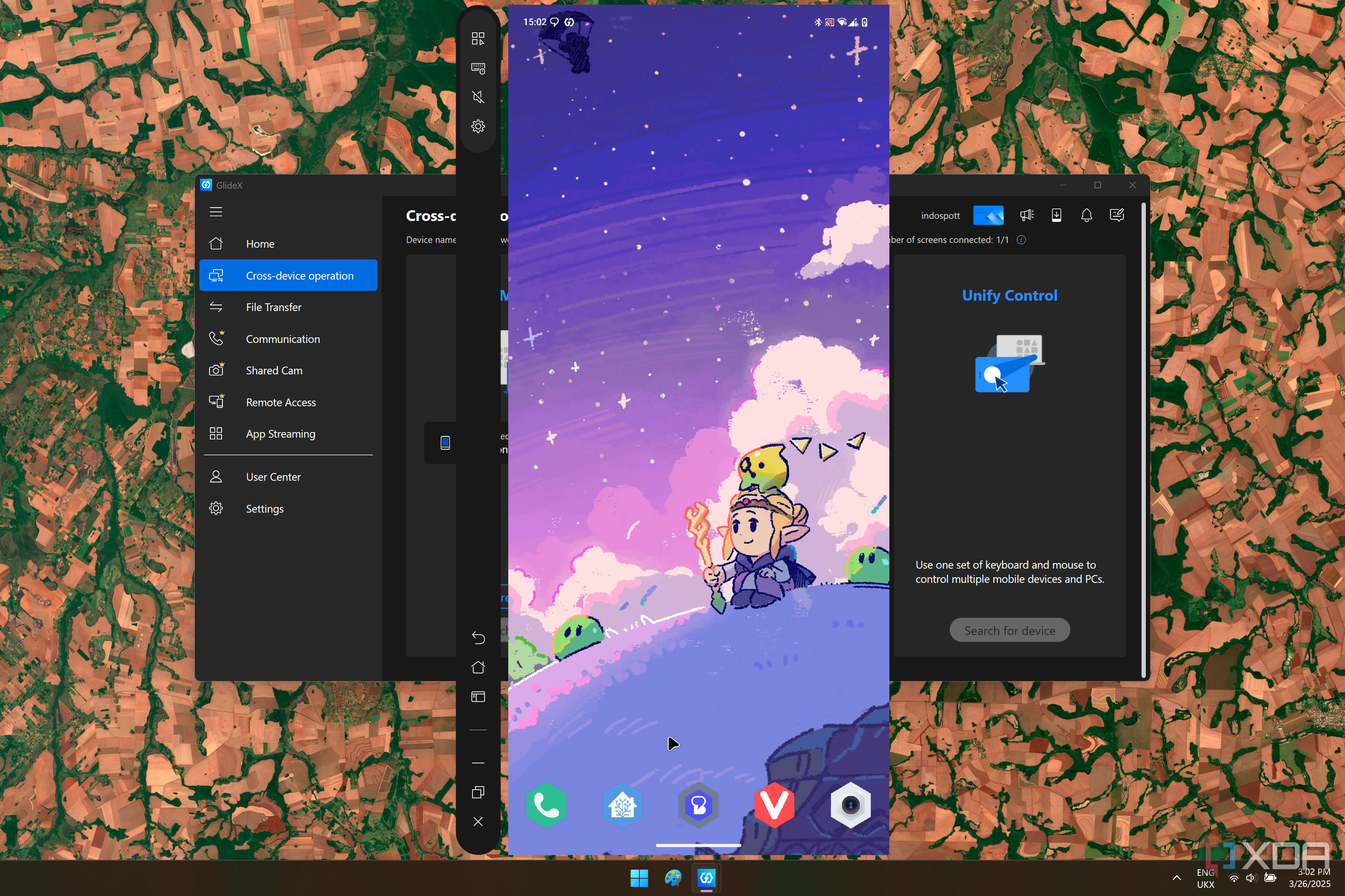 Screenshot of GlideX on Windows 11 showing an Android home screen mirrored from a phone