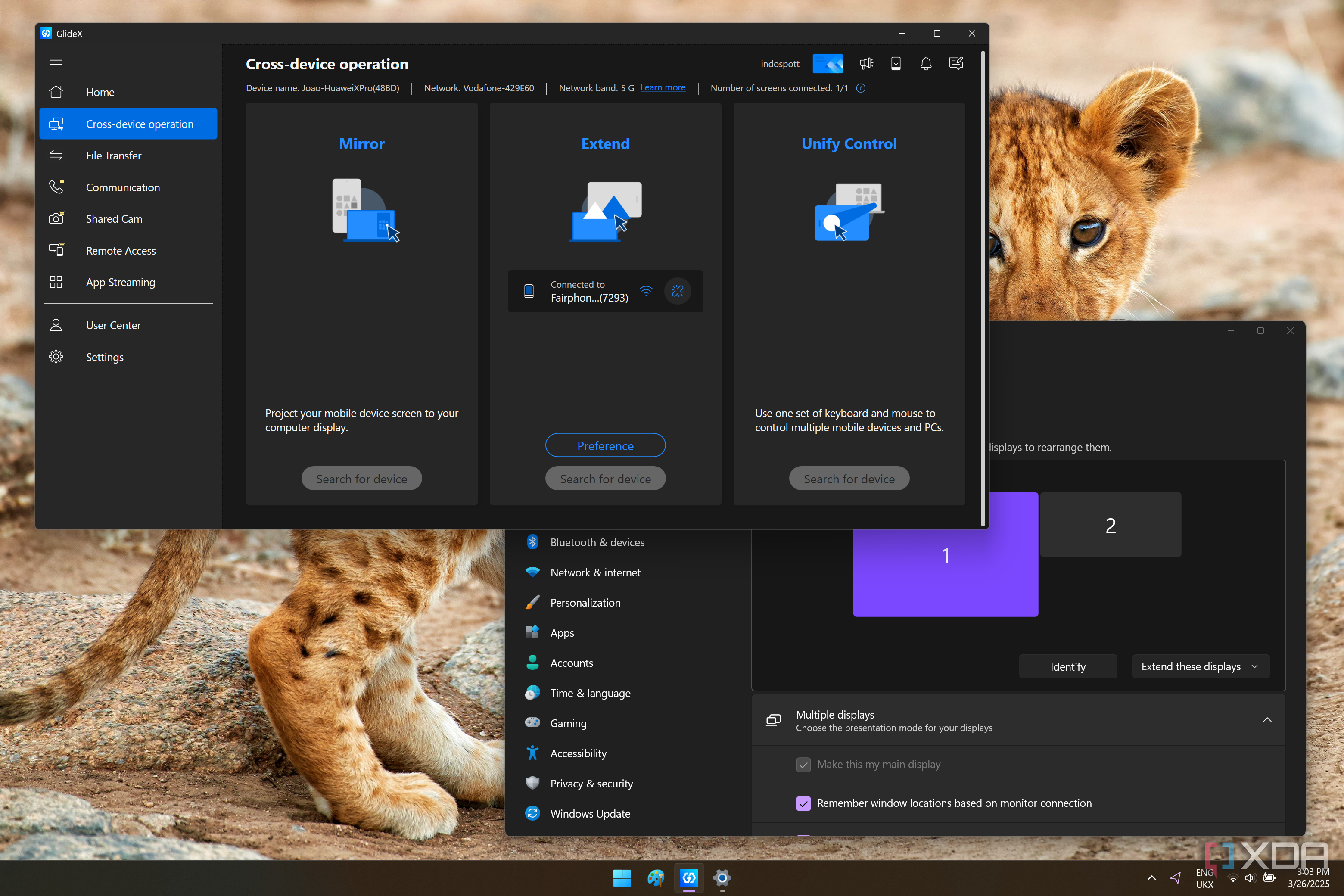 Screenshot of GlideX and the Windows 11 Settings app showing an external display is connected, which is a connected phone
