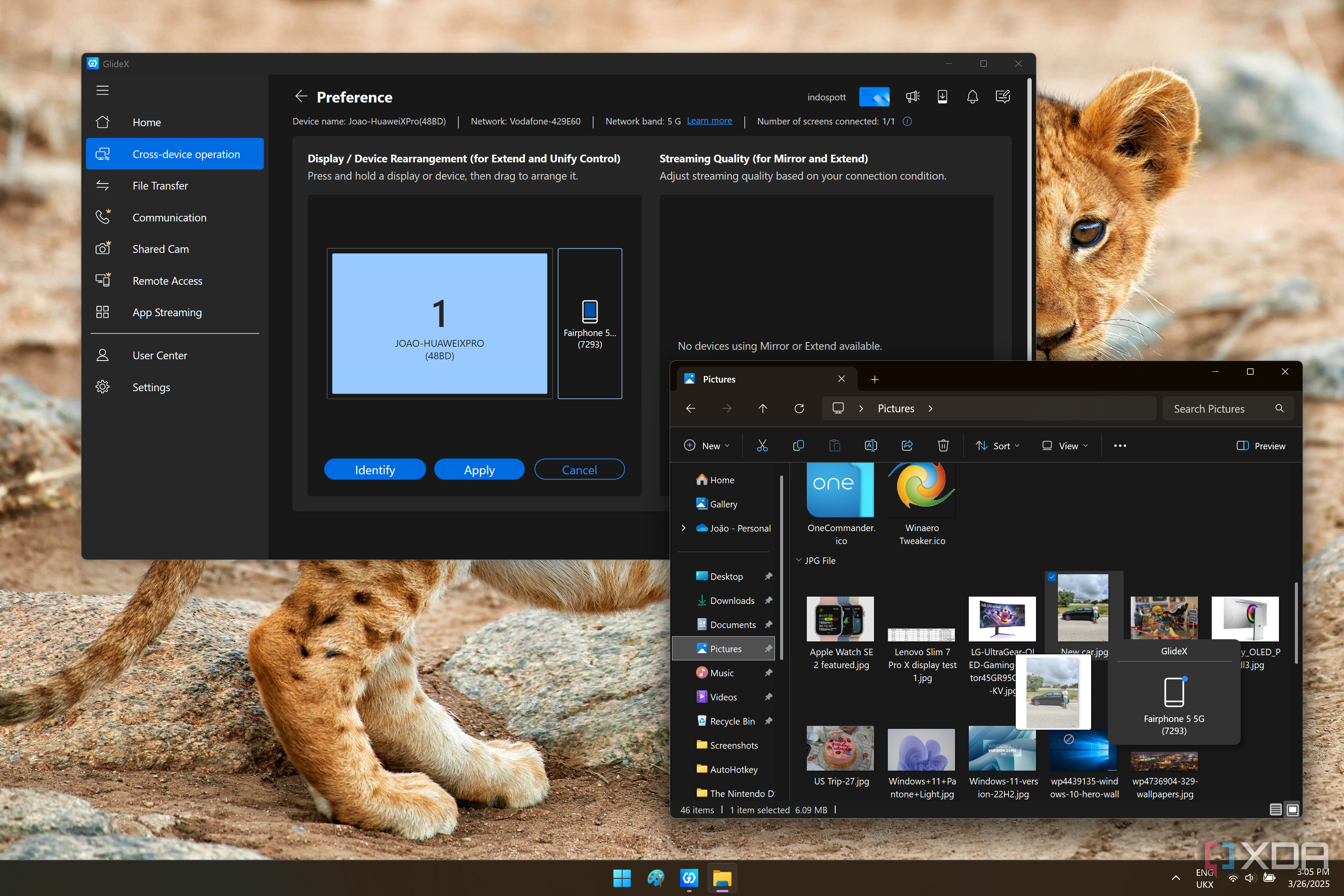 Screenshot of GlideX showing a phone is linked in Unify Control mode, including the option to drag and drop a file to send it to the phone