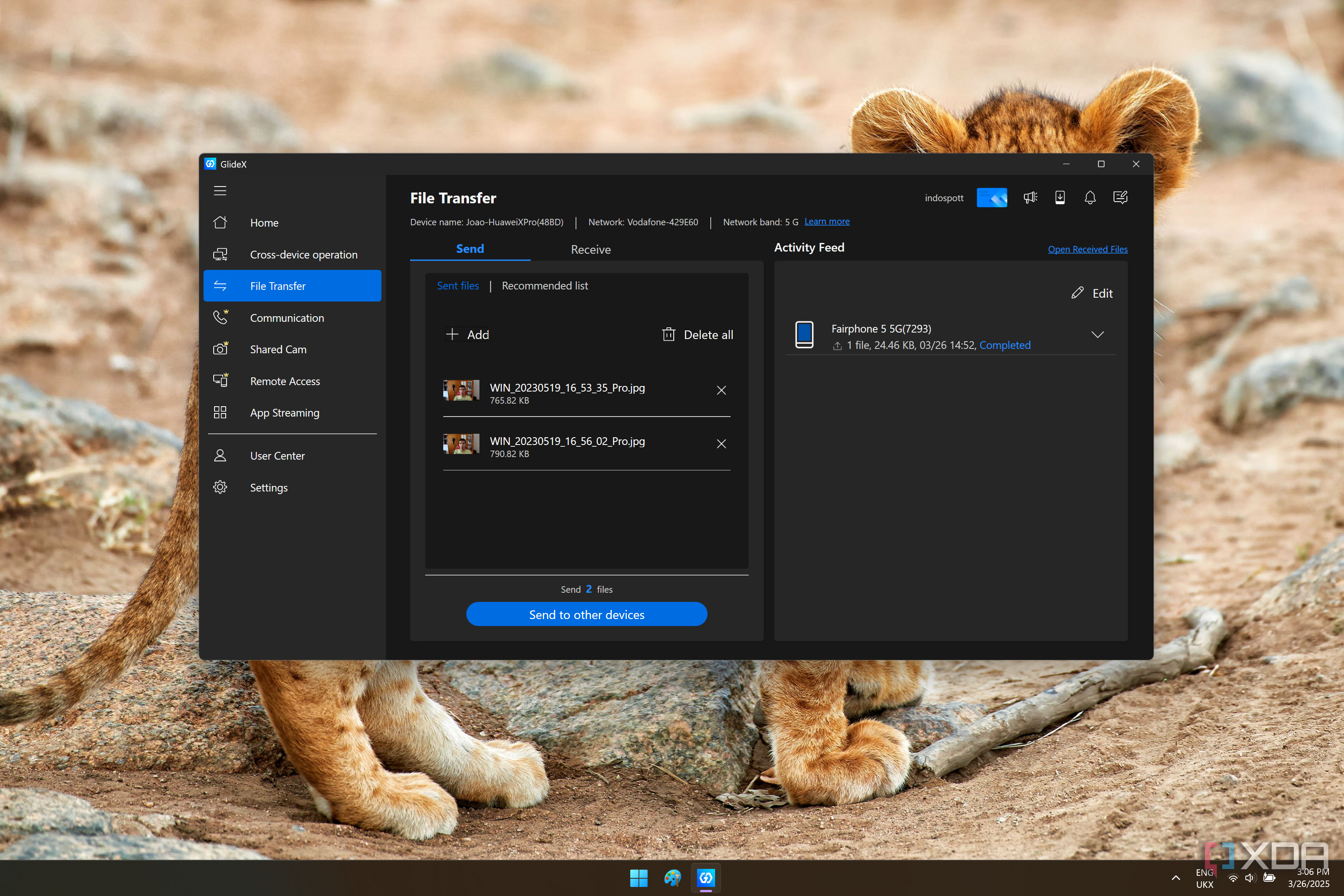 Screenshot of GlideX showing the file transfer feature