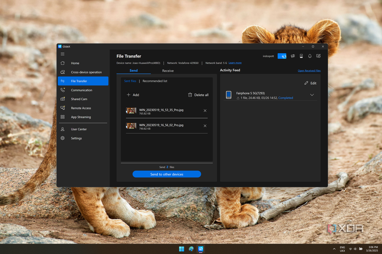 Screenshot of GlideX showing the file transfer feature