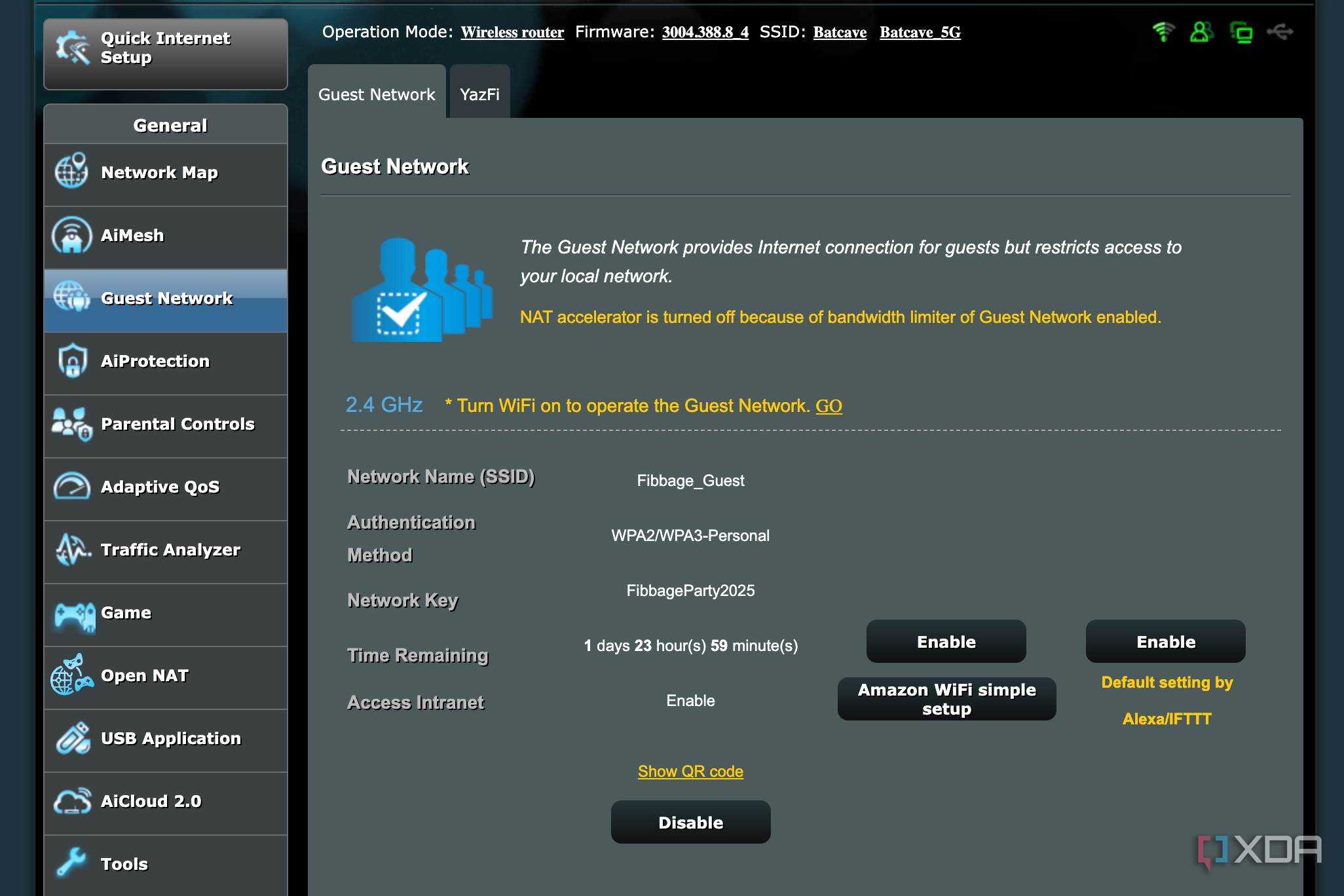 View guest Wi-Fi SSID, Authentication methoda, and password in router interface
