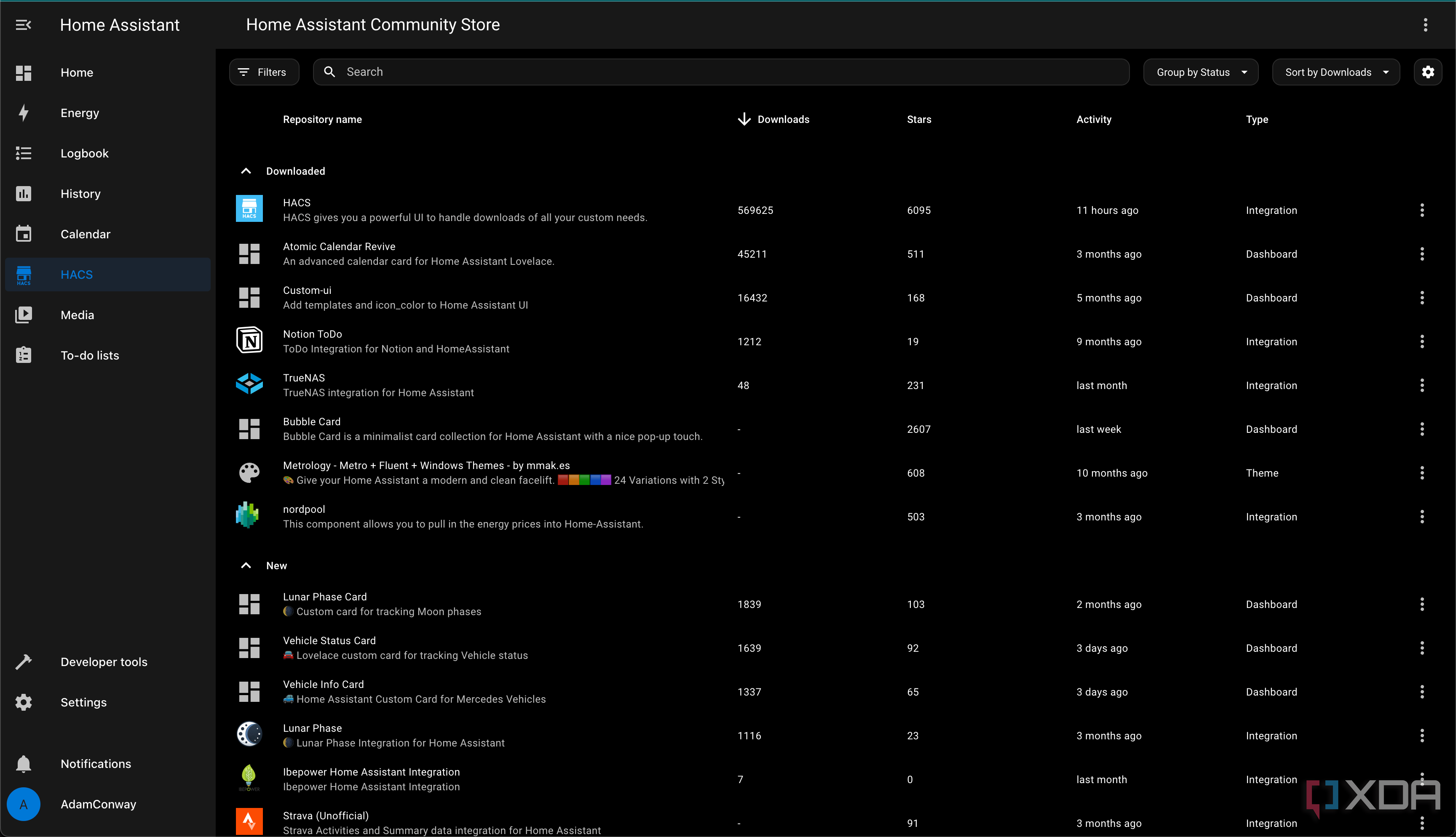 HACS Home Assistant default page
