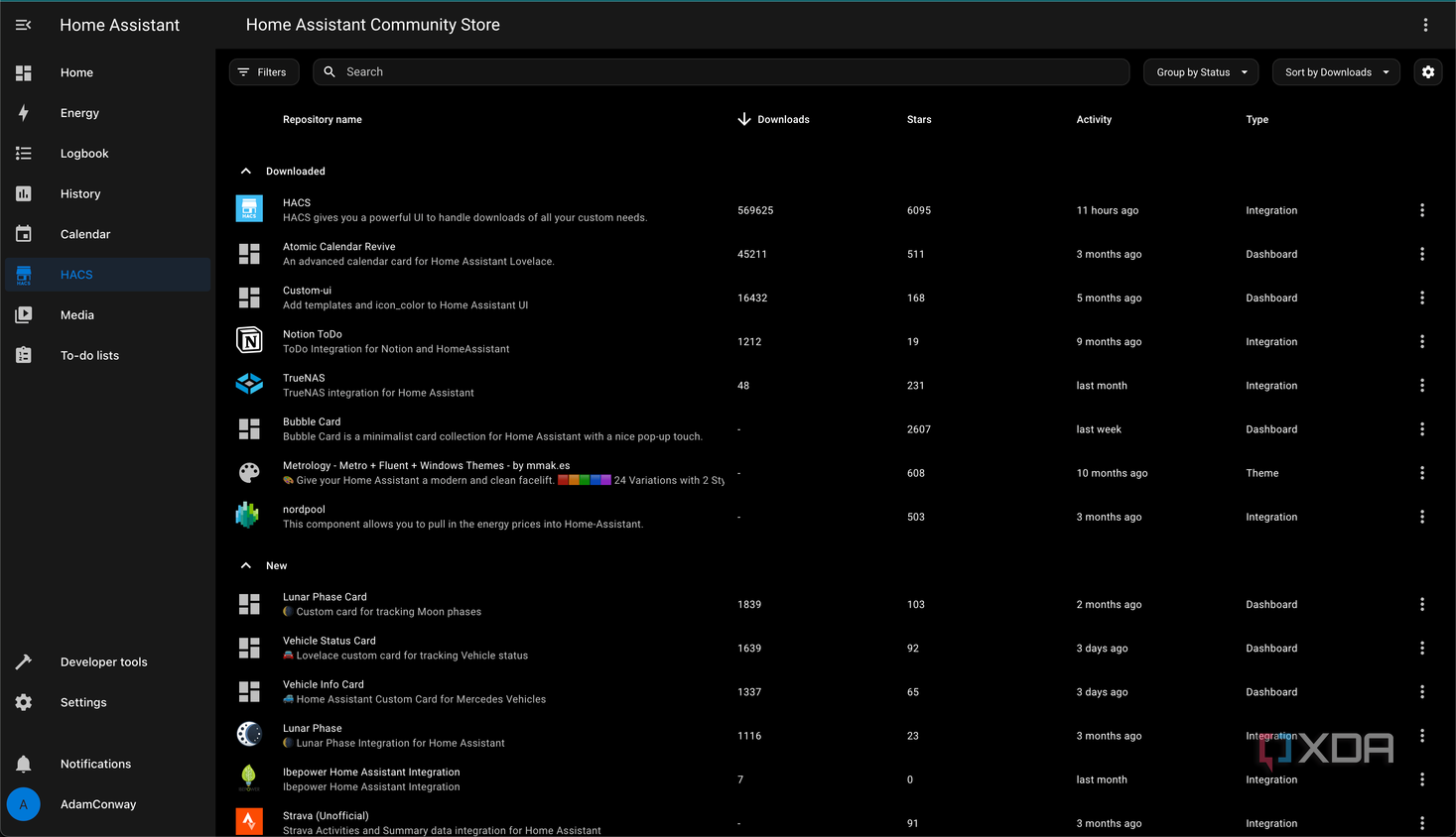 HACS Home Assistant default page